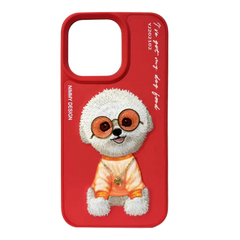 Red Puppy Face 3D Case For iPhone 13 Pro Max, 3D Embroidery Leather Back Cover